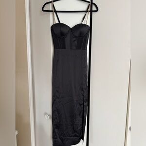 MESHKI Talisa Chain Strap Side Split Corset Midi Dress